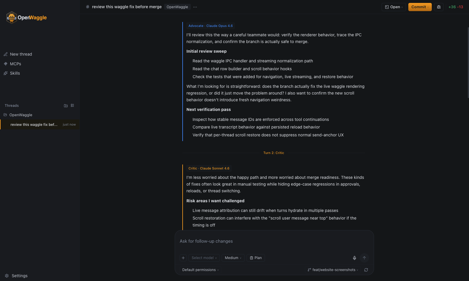 Chat and tool calls view