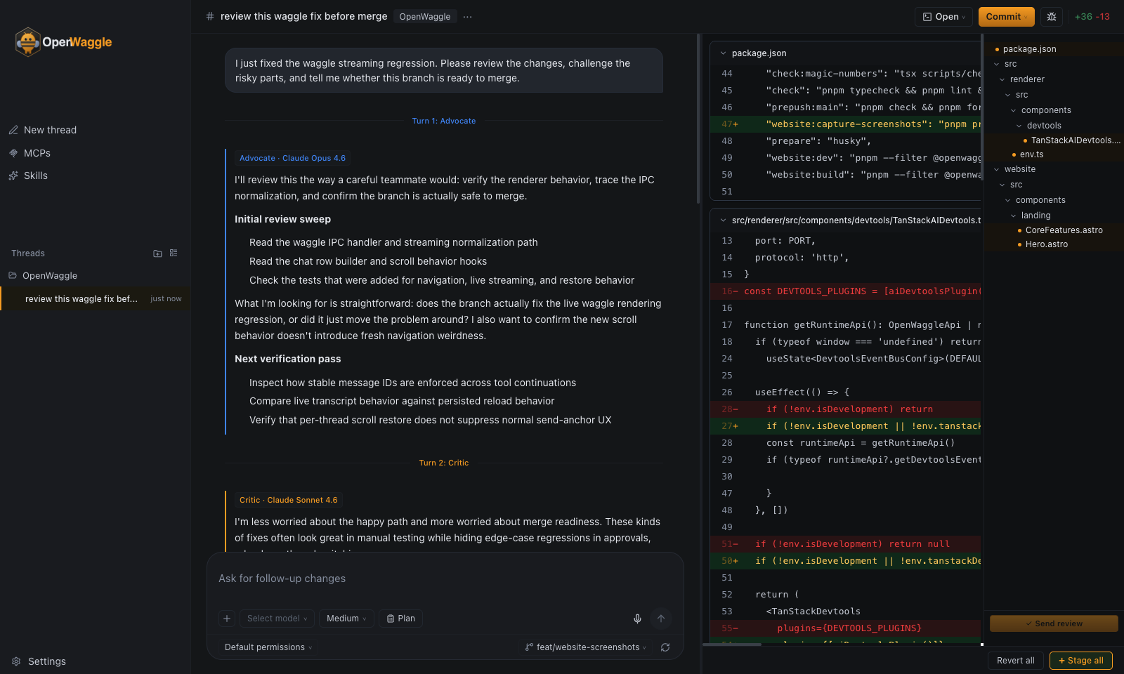 Git integration and diff panel
