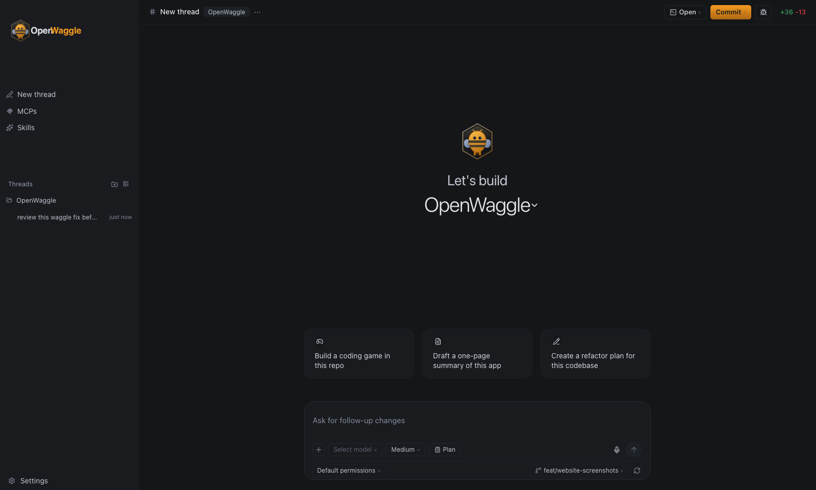 OpenWaggle home screen with the sidebar, composer, and project workspace selected