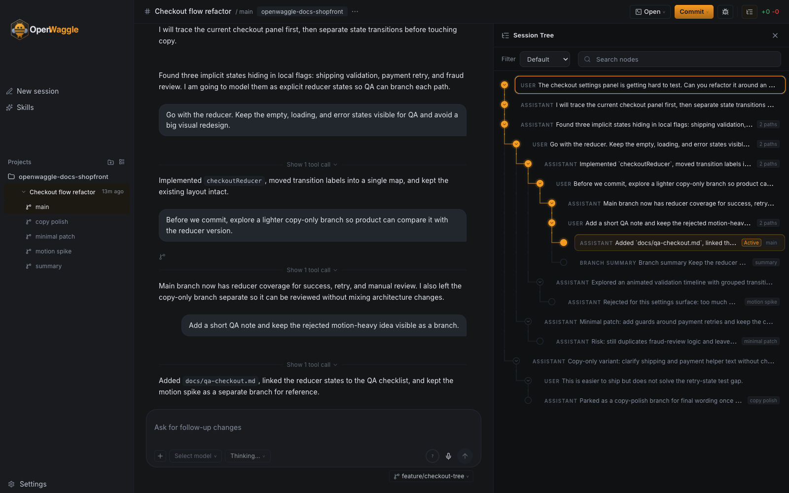 OpenWaggle Session Tree showing a checkout refactor session with alternate Pi session branches